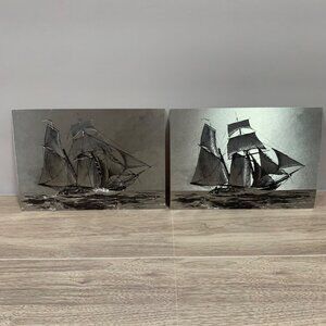Vintage Dufex Foil Art Print Monochromatic Ship Scene Postcards Set Of 2